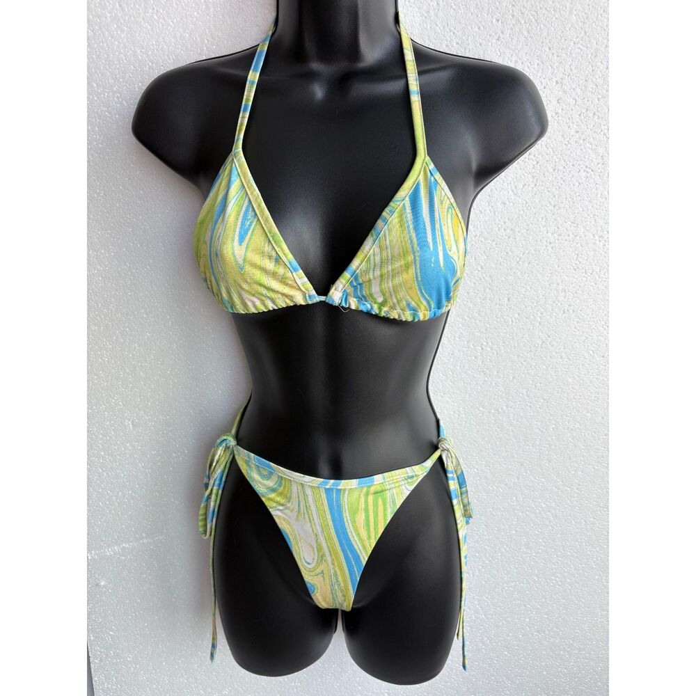 Black Bead Hottie Three Piece Bikini Set Blue Green Tye Dye Size S Pool Beachy